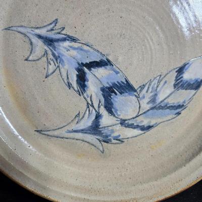 Vintage studio pottery bowl and pie plate / platter with feathers on it