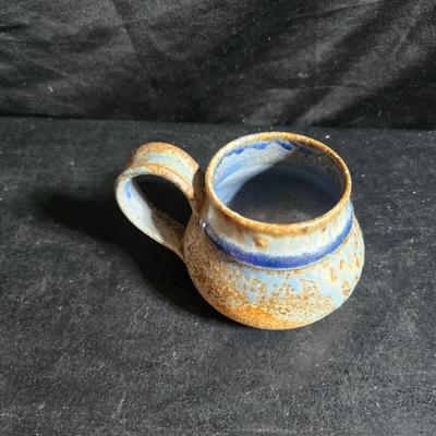 vintage studio pottery pitcher with two mugs - each signed by artist