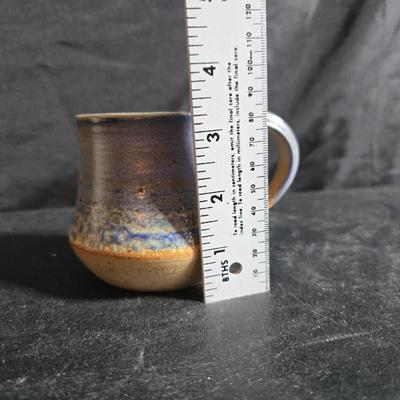 vintage studio pottery pitcher with two mugs - each signed by artist