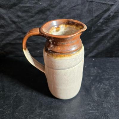 vintage studio pottery pitcher with two mugs - each signed by artist