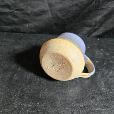 vintage studio pottery pitcher with two mugs - each signed by artist