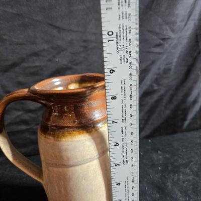 vintage studio pottery pitcher with two mugs - each signed by artist