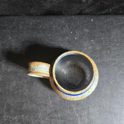 vintage studio pottery pitcher with two mugs - each signed by artist