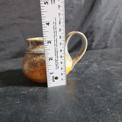 vintage studio pottery pitcher with two mugs - each signed by artist
