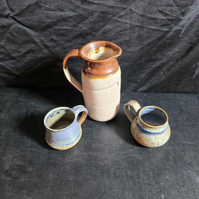 vintage studio pottery pitcher with two mugs - each signed by artist