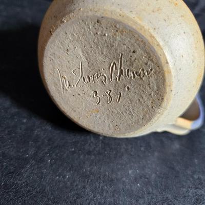 vintage studio pottery pitcher with two mugs - each signed by artist