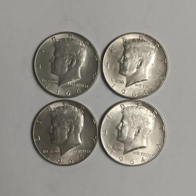 FOUR 1964 KENNEDY SILVER HALF DOLLARS