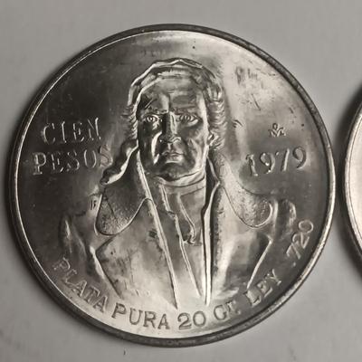 TWO CIEN PESOS .720 SILVER COINS