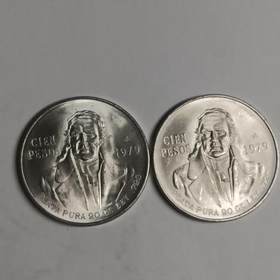 TWO CIEN PESOS .720 SILVER COINS