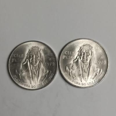 TWO CIEN PESOS .720 SILVER COINS