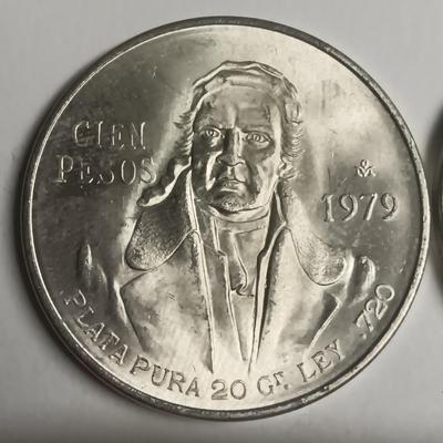TWO CIEN PESOS .720 SILVER COINS