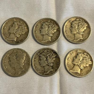 SIX MERCURY SILVER DIMES
