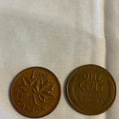 1945 WHEAT US PENNY AND CANADIAN 1966 CENT