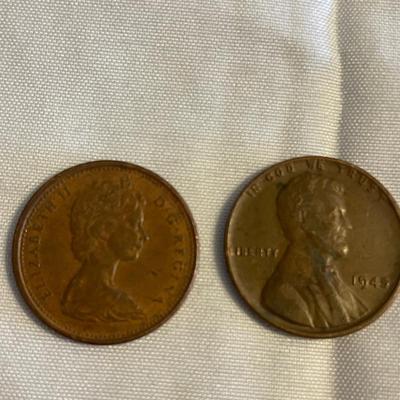 1945 WHEAT US PENNY AND CANADIAN 1966 CENT