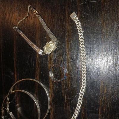 PANDORA BRACELET, HOOP EARRINGS, WOMENS BULOVA WATCH, AND 925 RING