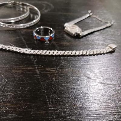 PANDORA BRACELET, HOOP EARRINGS, WOMENS BULOVA WATCH, AND 925 RING