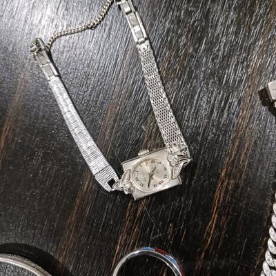 PANDORA BRACELET, HOOP EARRINGS, WOMENS BULOVA WATCH, AND 925 RING