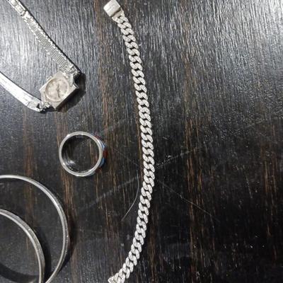 PANDORA BRACELET, HOOP EARRINGS, WOMENS BULOVA WATCH, AND 925 RING