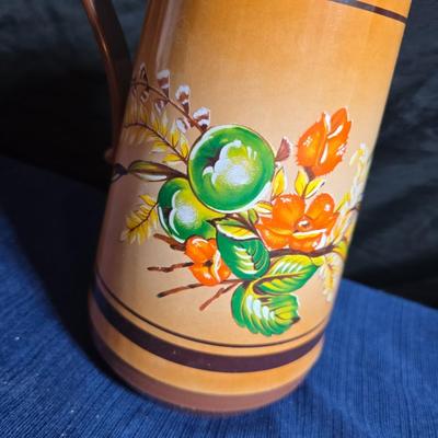 Wooden nut bowl with two wood candle holders a Interpur insulated carafe pitcher with four mugs