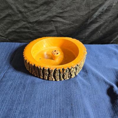 Wooden nut bowl with two wood candle holders a Interpur insulated carafe pitcher with four mugs