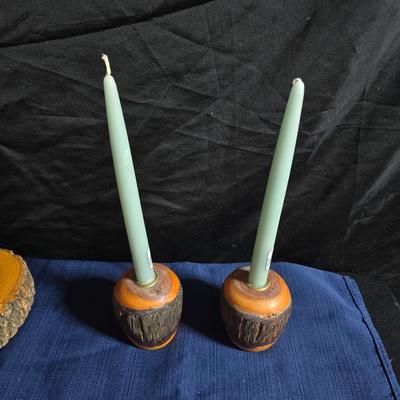 Wooden nut bowl with two wood candle holders a Interpur insulated carafe pitcher with four mugs