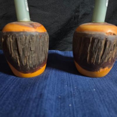 Wooden nut bowl with two wood candle holders a Interpur insulated carafe pitcher with four mugs