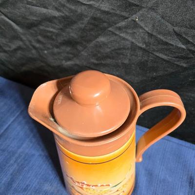 Wooden nut bowl with two wood candle holders a Interpur insulated carafe pitcher with four mugs