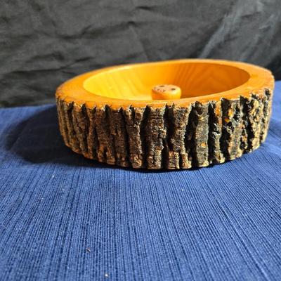 Wooden nut bowl with two wood candle holders a Interpur insulated carafe pitcher with four mugs