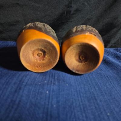 Wooden nut bowl with two wood candle holders a Interpur insulated carafe pitcher with four mugs