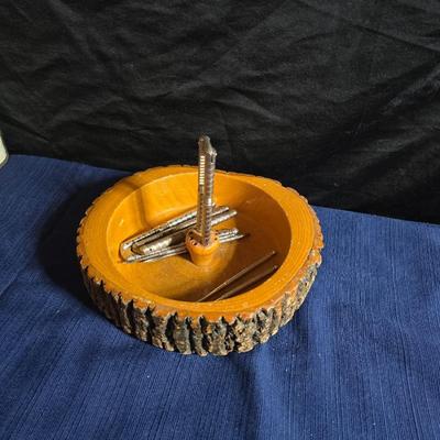 Wooden nut bowl with two wood candle holders a Interpur insulated carafe pitcher with four mugs