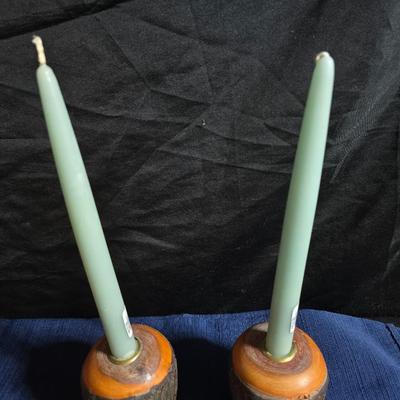 Wooden nut bowl with two wood candle holders a Interpur insulated carafe pitcher with four mugs