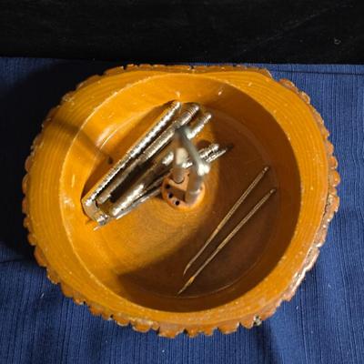 Wooden nut bowl with two wood candle holders a Interpur insulated carafe pitcher with four mugs