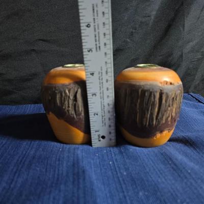 Wooden nut bowl with two wood candle holders a Interpur insulated carafe pitcher with four mugs