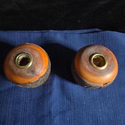 Wooden nut bowl with two wood candle holders a Interpur insulated carafe pitcher with four mugs