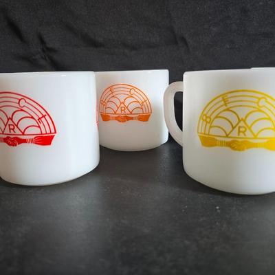 Set of Vintage milk glass mugs featuring the logo for the International Order of the Rainbow for Girls (IORG), with two mcdonalds mugs
