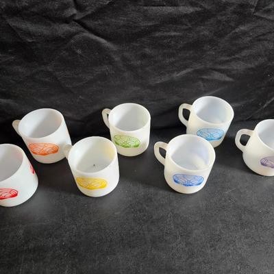 Set of Vintage milk glass mugs featuring the logo for the International Order of the Rainbow for Girls (IORG), with two mcdonalds mugs