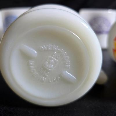 Set of Vintage milk glass mugs featuring the logo for the International Order of the Rainbow for Girls (IORG), with two mcdonalds mugs
