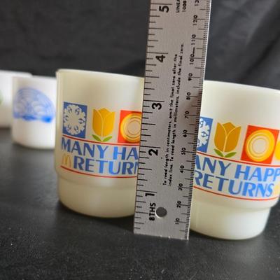 Set of Vintage milk glass mugs featuring the logo for the International Order of the Rainbow for Girls (IORG), with two mcdonalds mugs