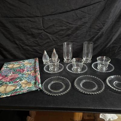 Imperial Glass Company Candlewick pattern - salt & pepper shakers -two tall glasses - three mugs with saucers - three snack plates -...