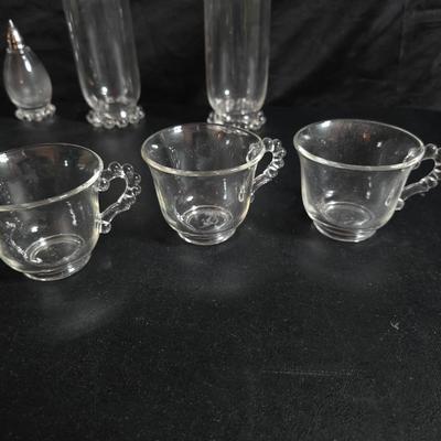 Imperial Glass Company Candlewick pattern - salt & pepper shakers -two tall glasses - three mugs with saucers - three snack plates -...