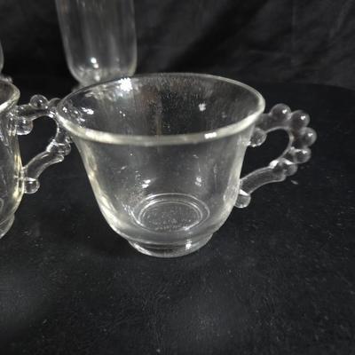 Imperial Glass Company Candlewick pattern - salt & pepper shakers -two tall glasses - three mugs with saucers - three snack plates -...