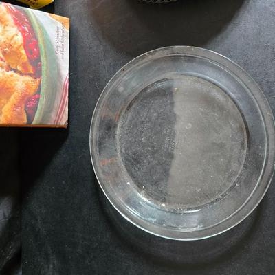 Stuart Bass three-blackbird pie funnel - Wilton 3-tier baking rack - a variety of pie pans and a cookbook