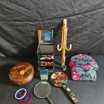Asian themed Jewelry box - Bamboo hook - Mirror - makeup bags and more