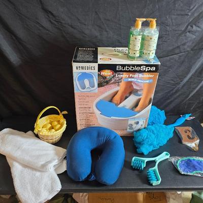 Home spa day!! Homedics Bubble foot spa - Massager tool - Loofa's - New soaps - Neck pillow and more