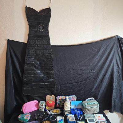 Dress shaped hanging organizer - Mirror - Nail care kit - Mini shaver - small trinket boxes - soap dispenser - and other hygiene makeup...