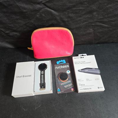 "Smart Bracelet" (fitness tracker) and a "nuckees" phone grip by Tzumi and protective glass for a Galaxy phone