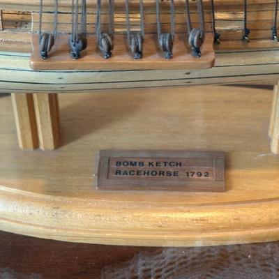 Hand-Crafted Wooden Model Ship in Glass Display Case – “Bomb Ketch Racehorse 1792”