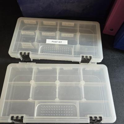 Home office or school supplies - binders - wall clock - clipboard - and an assortment of other office / school supplies.