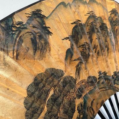 Large Decorative Wall Fan with Gold Landscape Design
