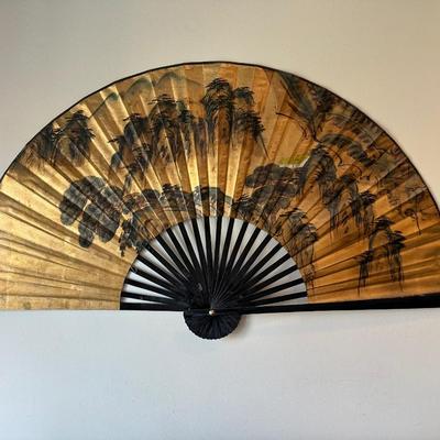 Large Decorative Wall Fan with Gold Landscape Design